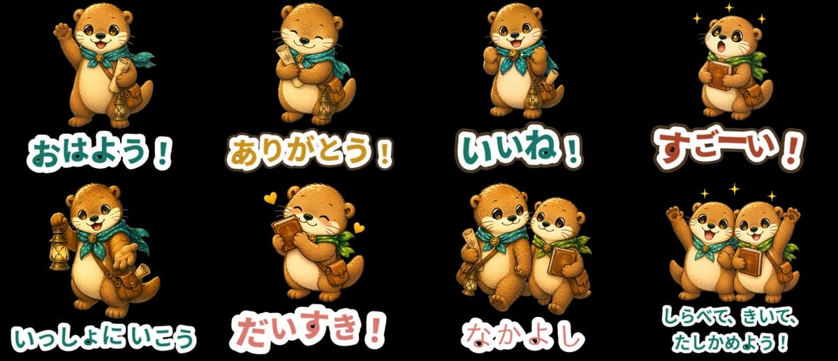 ラッティとコムのLINEスタンプ。40このうち8このみほん