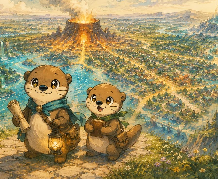 Latty and Com looking out over the world from a cliff